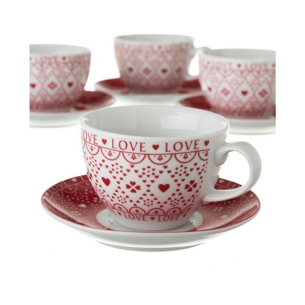 Červeno-bílá sada 4 porcelánových hrnků na čaj se stojanem Unimasa-image-3