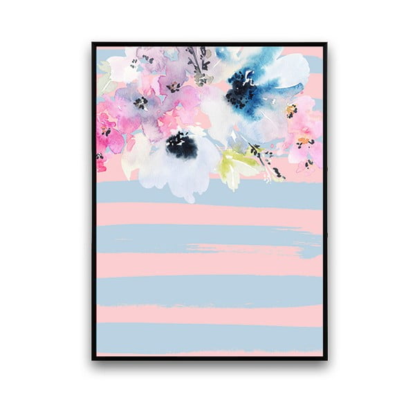 Plakát s květinami, modro-růžové pozadí, 30 x 40 cm