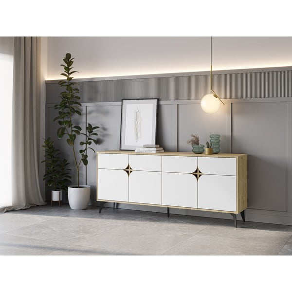 Нисък скрин с дъбов декор в бял и естествен цвят 185x79 cm Nola - Marckeric-image-1