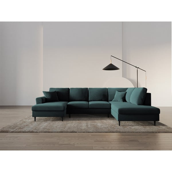 Кадифен разтегателен ъглов диван с място за съхранение в петролен цвят (десен ъгъл/U форма) Kyoto – Cosmopolitan Design-image-2