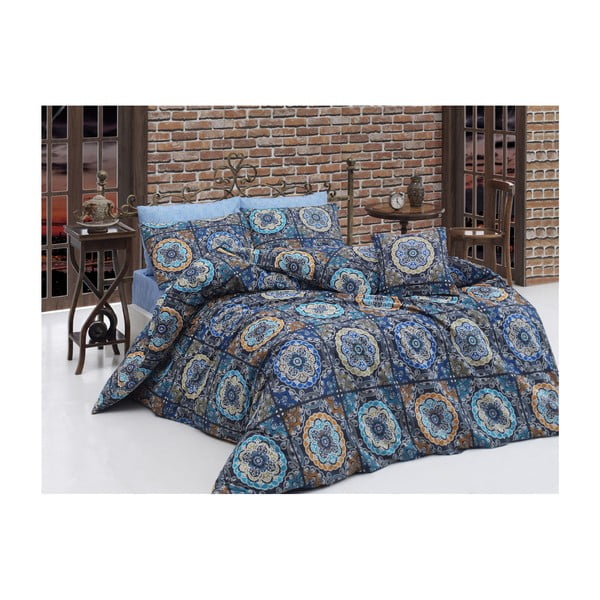 Синьо памучно спално бельо с чаршаф за единично легло Мандала, 140 x 200 cm - Mijolnir