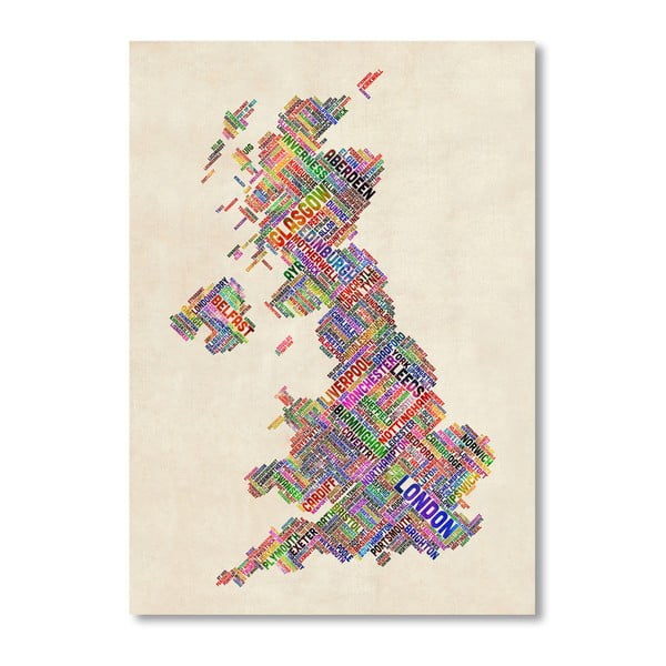 Plakát s pestrobarevnou mapou Velké Británie Americanflat Town, 60 x 42 cm