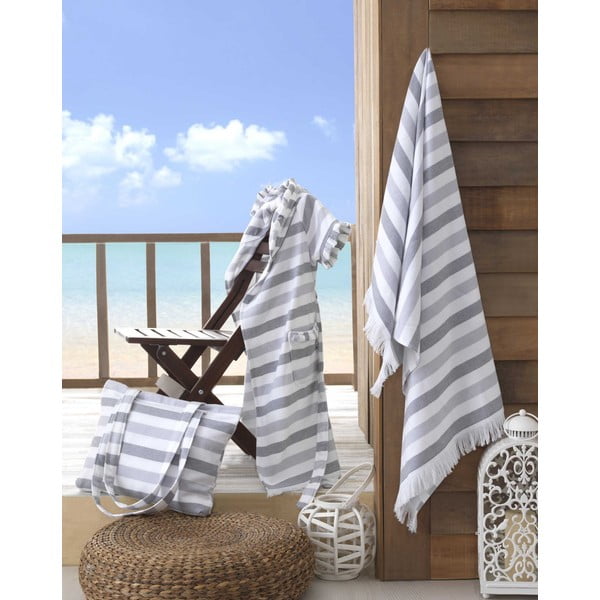 Плажна кърпа от сив и бял памук , 70 x 140 cm Stripe - Hobby