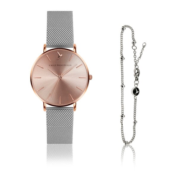 Комплект дамски часовник и гривна от неръждаема стомана с циферблат от розово злато Rosa - Emily Westwood