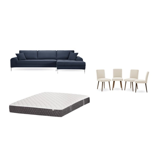 Комплект от тъмносин диван с мързелив диван отдясно, 4 кремави стола и матрак 160 x 200 cm - Home Essentials