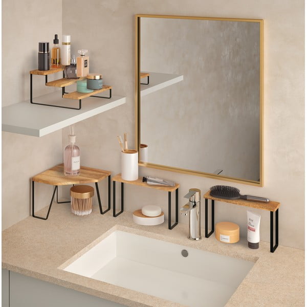 Матово черен и естествен ъглов дървен допълнителен рафт 25x25 cm York – Metaltex-image-2