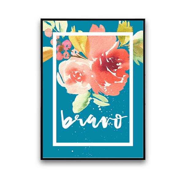 Plakát s květinami Bravo, modré pozadí, 30 x 40 cm