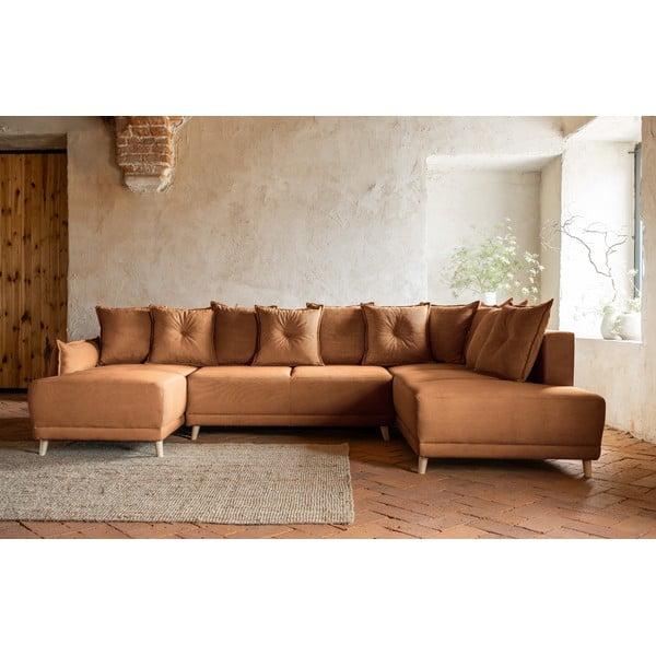 Ъглов разтегателен диван от велур в тухлен цвят (десен ъгъл/U-образна форма) Lazy Lukka - Miuform-image-1