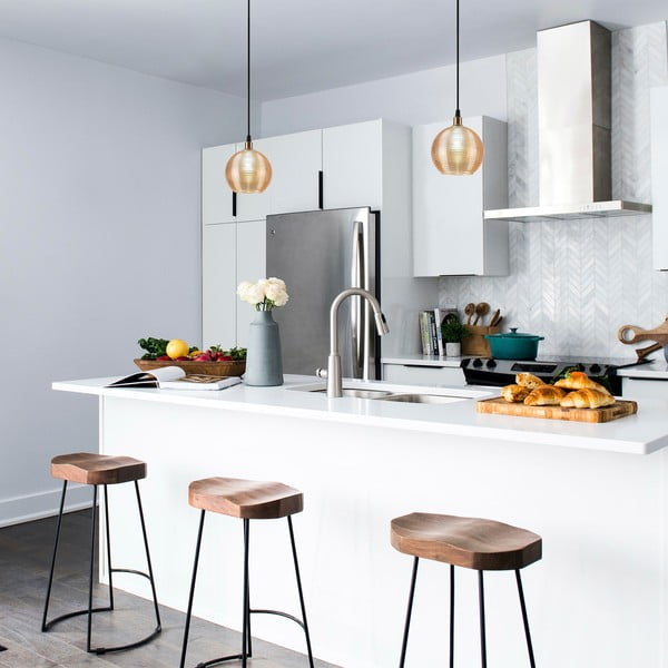 Жълта охра и златисто висящо осветително тяло със стъклен абажур ø 15 cm Muzo – Opviq lights-image-1