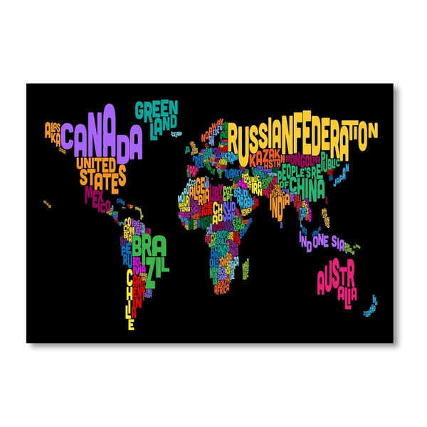 Černý plakát s pestrobarevnou mapou světa Americanflat Written, 60 x 42 cm
