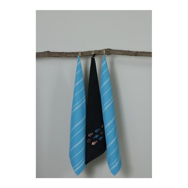 Комплект от 3 сини и черни кухненски кърпи Fish, 50 x 70 cm - My Home Plus