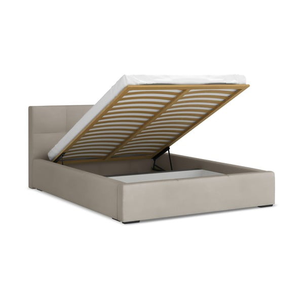 Кафяво-сиво кадифено двойно легло 140x200 cm тапицирано с място за съхранение и включена подматрачна рамка Hiko – Makamii-image-1