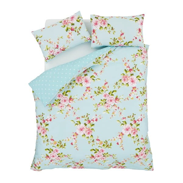 Světle modré povlečení s motivem růží Catherine Lansfield Canterbury, 200 x 200 cm-image-1