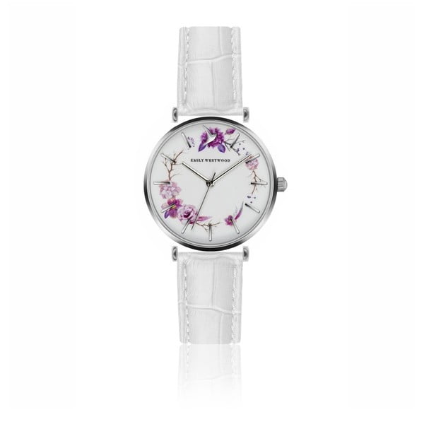 Дамски часовник с бяла каишка от естествена кожа Periwinkle - Emily Westwood
