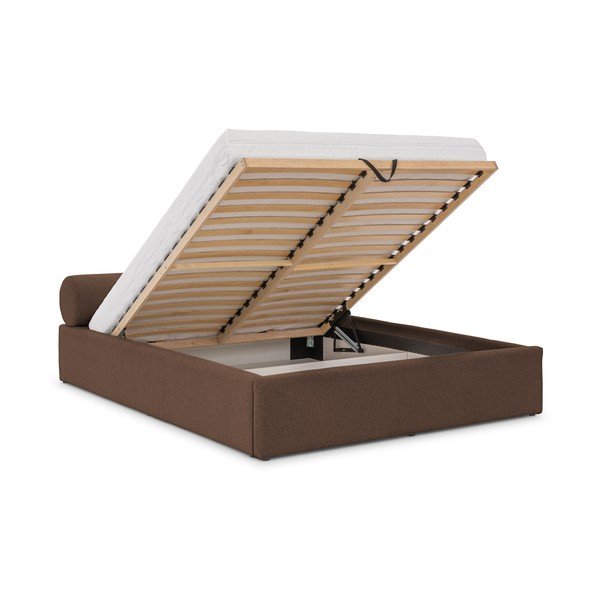 Кафяво двойно легло 200x200 cm тапицирано с място за съхранение с включена подматрачна рамка Cille – Ropez-image-2