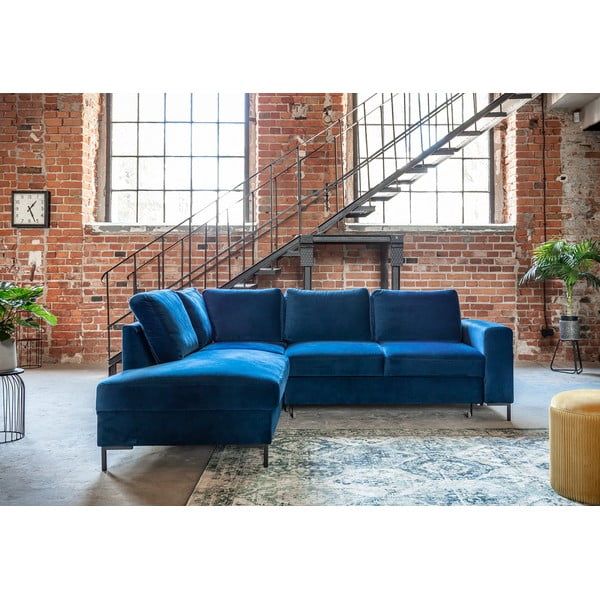 Тъмносин кадифен разтегателен ъглов диван (ляв ъгъл) Lofty Lilly – Miuform-image-1