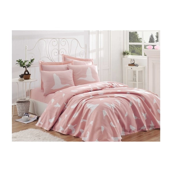 Розово светло памучно покривало за единично легло Birdy,140 x 200 cm - Mijolnir