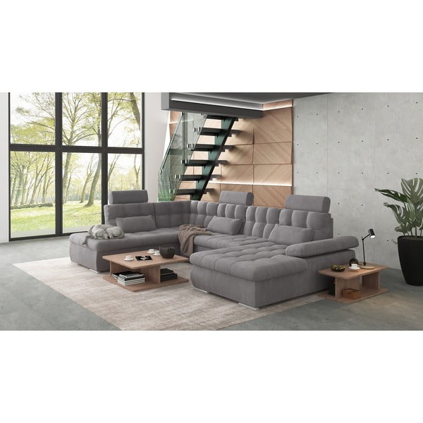 Сив разтегателен ъглов диван с място за съхранение (ляв ъгъл/U форма) Merkur – Ropez-image-3