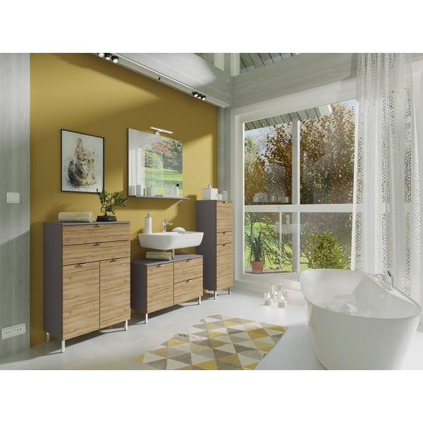 Сив висок шкаф за баня в дъбов декор 34x120 cm Mauresa - Germania-image-4