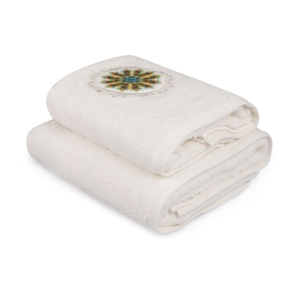 Комплект от бяла кърпа и бяла хавлия за баня с цветни детайли Paon - Foutastic