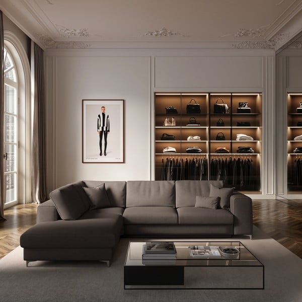 Кафяво-сив кадифен разтегателен ъглов диван с място за съхранение (ляв ъгъл/L форма) Rene – Rodier-image-1