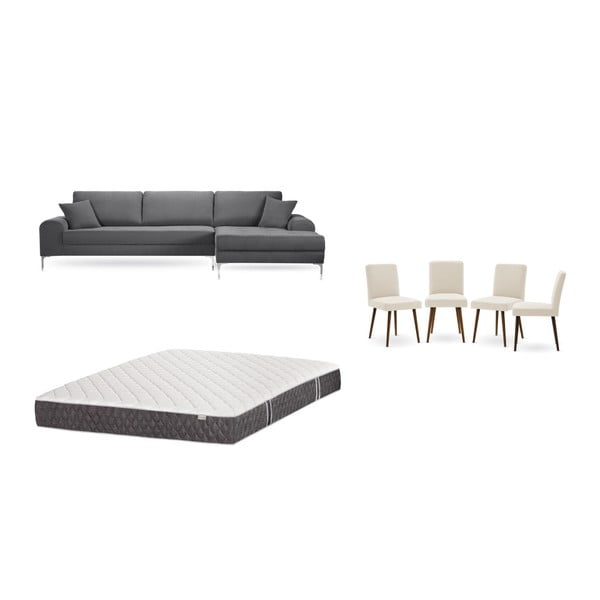 Комплект от сив диван с мързелив диван вдясно, 4 кремави стола и матрак 160 x 200 cm - Home Essentials