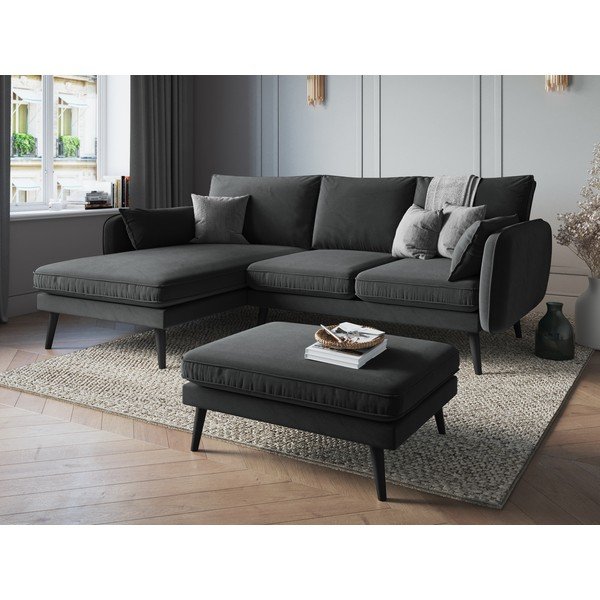 Тъмносив ъглов диван от кадифе с черни крака, ляв ъгъл Lento - Kooko Home-image-1