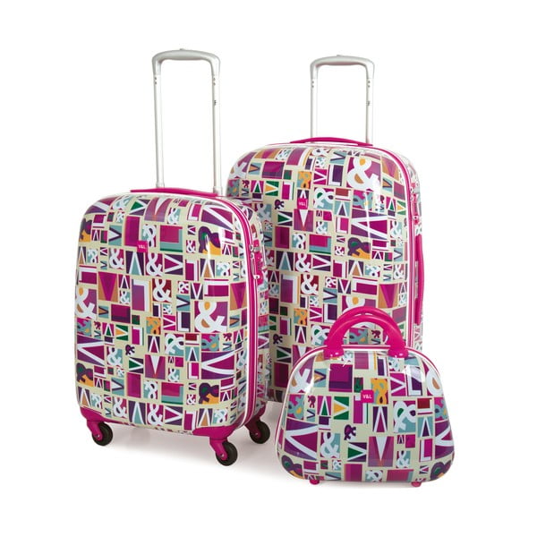 Sada 2 růžových cestovních kufrů s barevnými vzory V&L