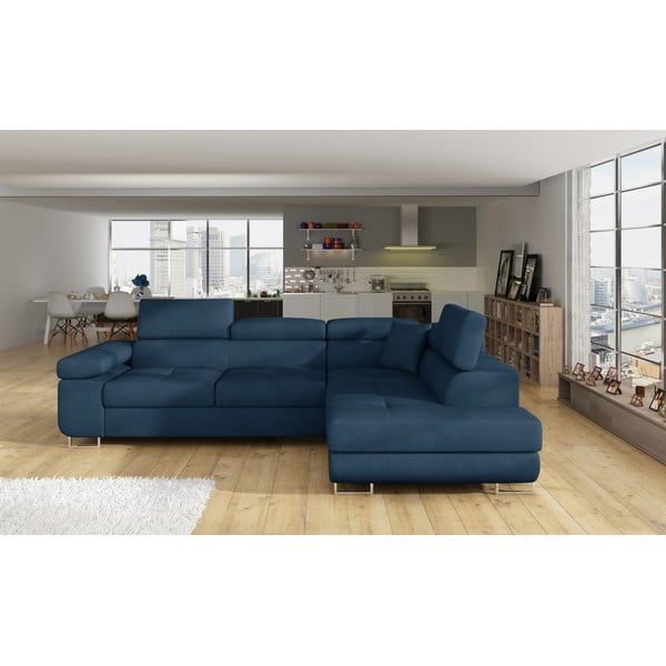 Син кадифен разтегателен ъглов диван с място за съхранение (десен ъгъл L форма) Anton – ELTAP-image-1