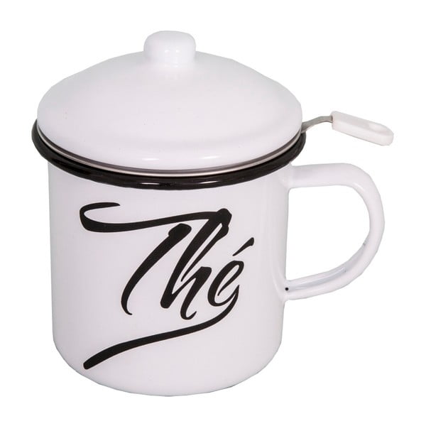 Класическа бяла емайлирана чаша с капак и цедка за чай, височина 11 см - Antic Line