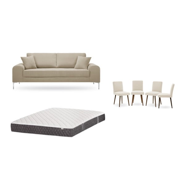 Комплект от триместен диван в сиво и бежово, 4 кремави стола и матрак 160 x 200 cm - Home Essentials