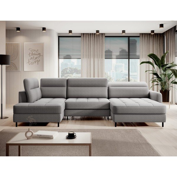 Светлосив кадифен разтегателен ъглов диван с място за съхранение (ляв ъгъл U форма) Berrto – ELTAP-image-1