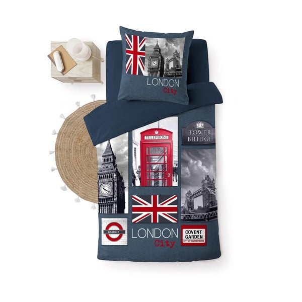 Тъмносиньо единично  памучно спално бельо 140x200 cm City London – douceur d'intérieur