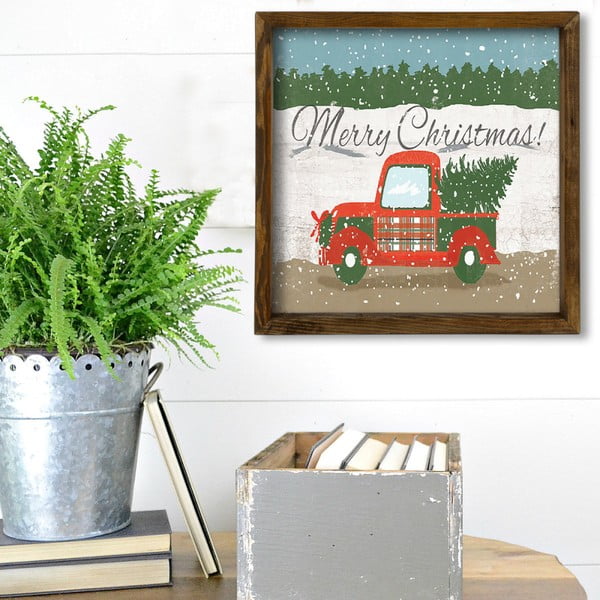 Картина в рамка от борово дърво Коледен камион, 34 x 34 cm - Unknown