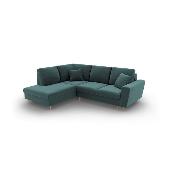 Кадифен разтегателен ъглов диван с място за съхранение в петролен цвят (ляв ъгъл/L форма) Kyoto – Cosmopolitan Design-image-1