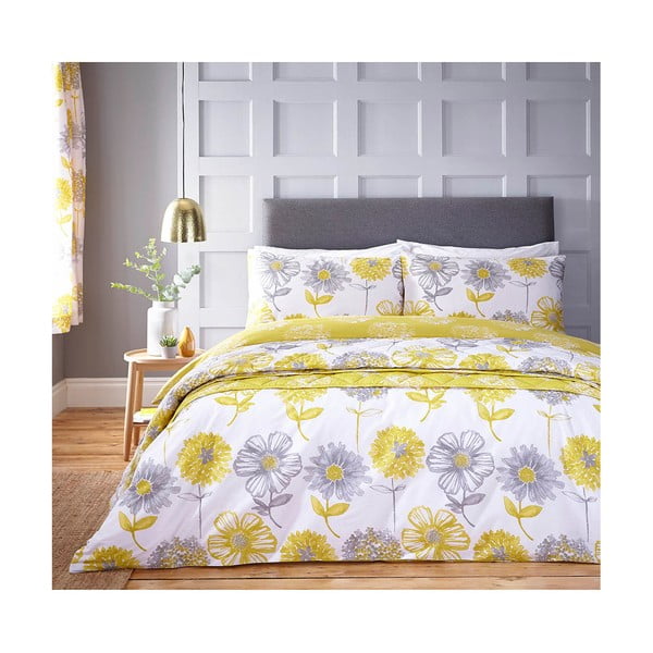 Žluto-bílý přehoz přes postel s motivem květin Catherine Lansfield, 220 x 230 cm