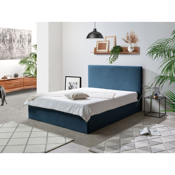 Синьо тапицирано двойно легло с място за съхранение с решетка 160x200 cm Adele - Bobochic Paris-image-1