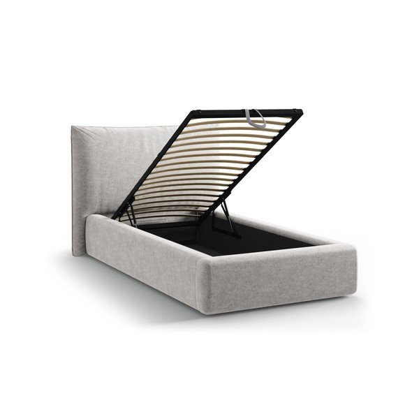 Светлосиво единично легло 90x200 cm тапицирано с място за съхранение с включена подматрачна рамка Kaelle – Micadoni -image-1