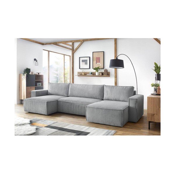 Светлосив велурен U-образен разтегателен диван Nihad - Bobochic Paris-image-1