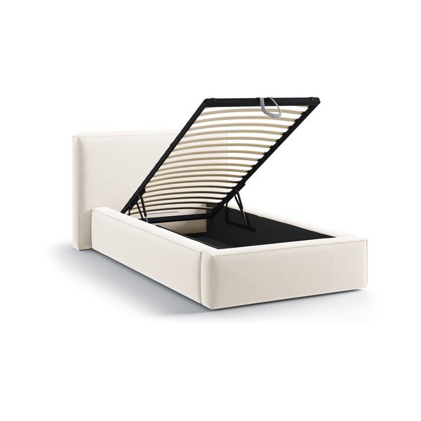 Кремаво единично легло 90x200 cm тапицирано с място за съхранение с включена подматрачна рамка Jodie – Micadoni -image-1