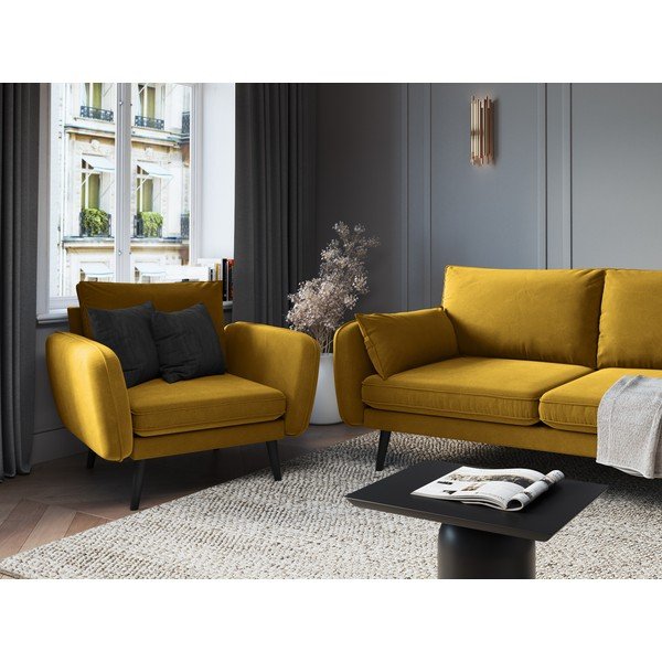 Кресло от жълто кадифе с черни крака Lento - Kooko Home-image-4