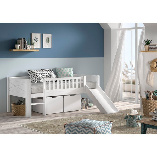 Бяло повдигнато детско легло от масивен бор с място за съхранение и включена подматрачна рамка 90x200 cm Scott – Vipack-image-1