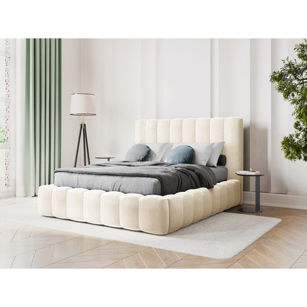 Бежово тапицирано двойно легло с място за съхранение 200x200 cm Kelp - Micadoni Home-image-1