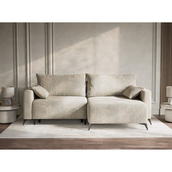 Бежов шенилов сгъваем/с място за съхранение ъглов диван (десен ъгъл) Leon – Maison de Rêve-image-1