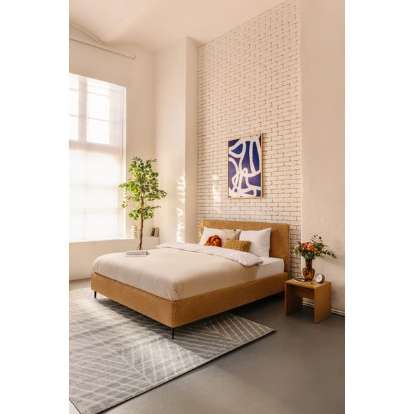 Тапицирано двойно легло с включена подматрачна рамка в цвят горчица 160x200 cm Noira Slim – Bonami Selection-image-1