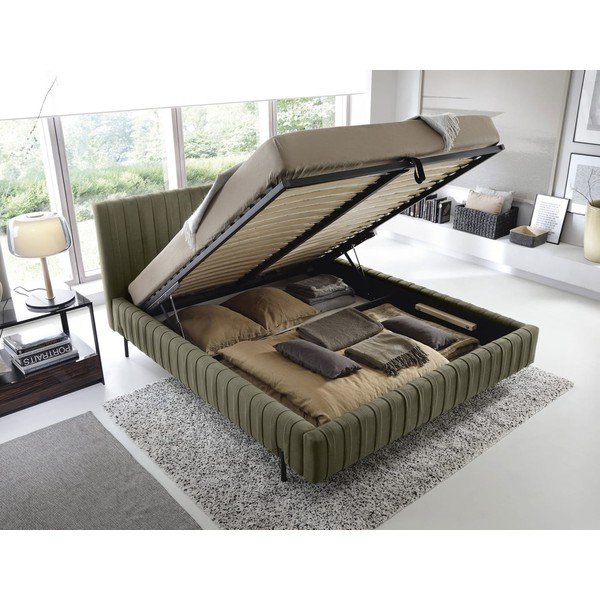 Зелено тапицирано двойно легло с място за съхранение и включена подматрачна рамка 140x200 cm Plissa – ELTAP-image-2