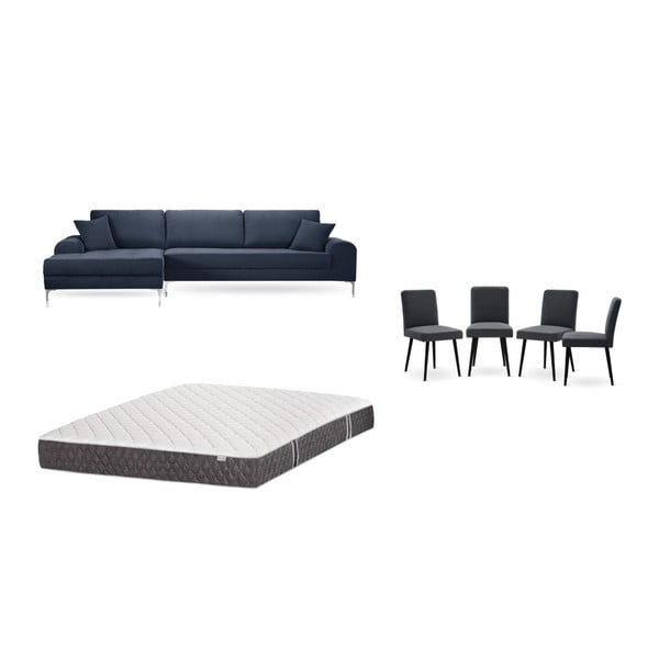 Комплект от тъмносин диван с шезлонг вляво, 4 антрацитно сиви стола и матрак 160 x 200 cm - Home Essentials