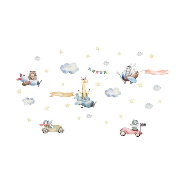 Детски стикер за стена Животни, състезаващи се в коли и самолети, 90 x 60 cm - Ambiance