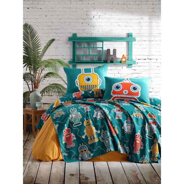 Комплект от покривка за легло и 2 калъфки за възглавници EnLora Home Robotta Green, 200 x 235 cm - Mijolnir