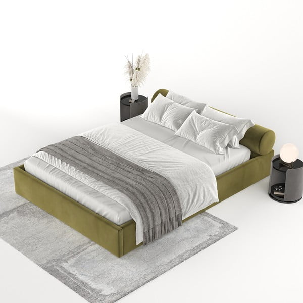 Тъмнозелено двойно легло 200x200 cm тапицирано с място за съхранение с включена подматрачна рамка Solvo – Maison de Rêve-image-3